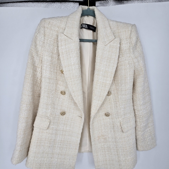 Zara cream tweed Double-Breasted Blazer - Picture 2 of 11